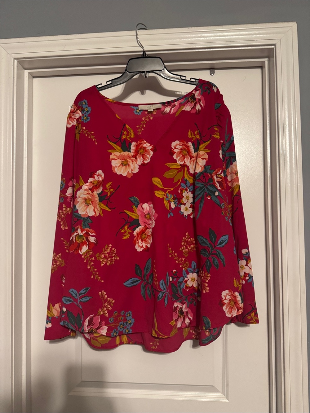 LOFT Floral Tunic Top in Bright Pink and Green